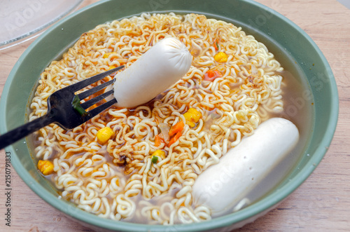 Instant Ramen Noodle Soup with Fish Sausage and Vegetables