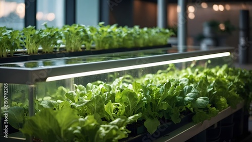 Modern indoor vertical farming system with lush green leafy lettuce growing under bright LED growth lights in a controlled environment