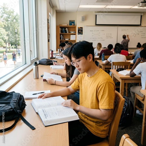 Students studying in a bright university library classroom with large windows
