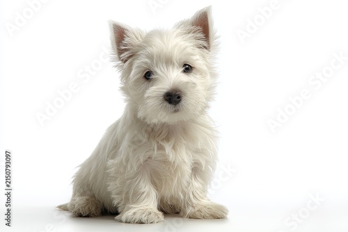 An adorable West Highland White Terrier puppy with bright eyes and perky ears sits patiently, exuding pure canine charm.