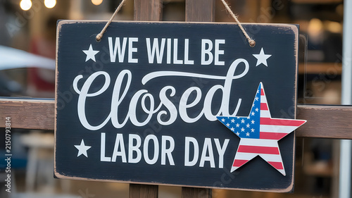 A small chalkboard sign hanging in a window announcing that the business is closed for labor day