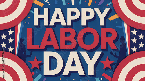 Festive happy labor day background featuring red white and blue patriotic colors with stars and confetti elements