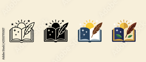 Set of Open Book Icons with Feather Quill and Stars