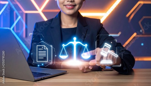 Professional lawyer laptop holographic justice icons futuristic background