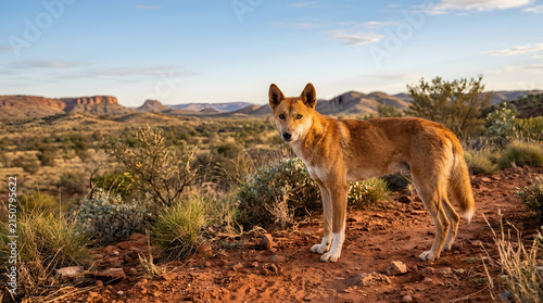 Wild Dingo standing alert in arid red earth landscape with warm golden hour light for Australian wildlife photography and nature conservation.