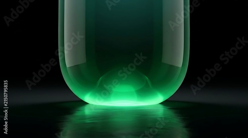 Close-up of a translucent green glass capsule shape, glowing with internal light against a dark, reflective black surface background