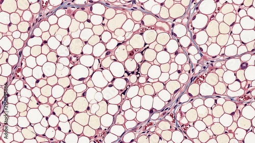 Scientific illustration of human fat body or adipose tissue under microscopic view, detailed fat cells, cellular structure, biomedical research, histology, 4K video