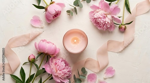 Pink peonies with scented candle and silk ribbon