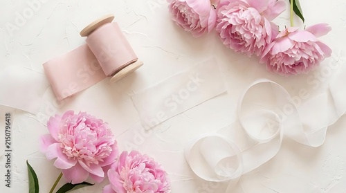 Pink peonies with silk ribbons on white background.