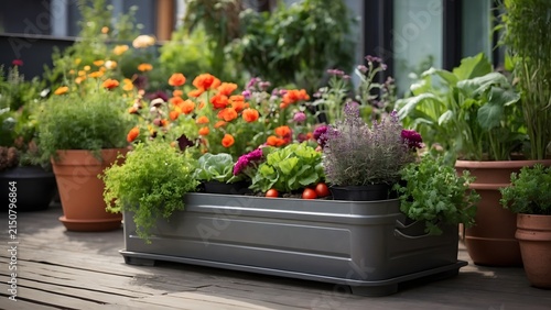 Vibrant Container Garden Display Featuring Colorful Flowers and Lush Green Vegetables on a Sunny Outdoor Wooden Terrace Deck