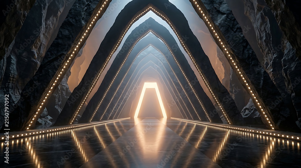 Obraz premium Symmetrical tunnel with pointed arches, dark textured rock walls, illuminated led strip borders, and a glowing golden light at the far end