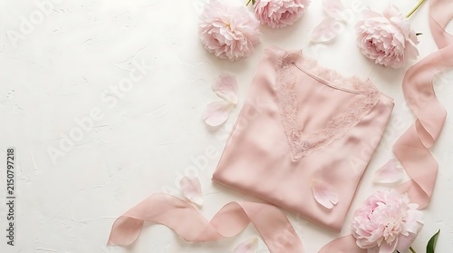 Pink silk lace camisole with peonies and ribbons.