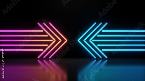 Two opposing arrows made of glowing neon lines in pink, orange, and blue, reflected on a dark surface against a black background