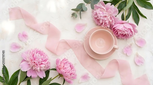 Pink tea cup with peonies and silk ribbon.