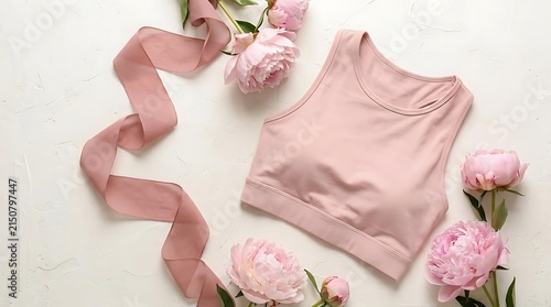 Pink sports bra with peonies and silk ribbon.