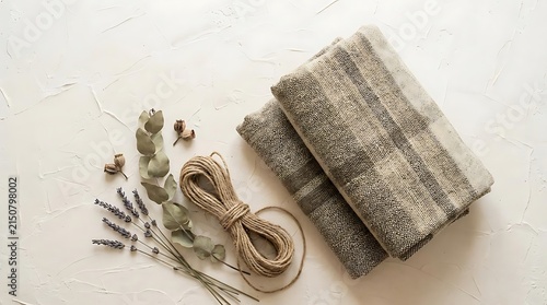 Plaid wool scarf with lavender and twine rope.