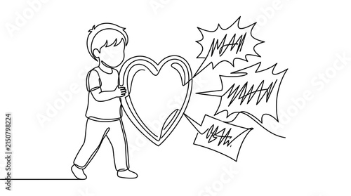 Принти на полотні Continuous line art of a young boy holding a heart symbol facing hurtful speech