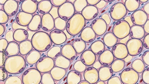 Scientific illustration of human fat body or adipose tissue under microscopic view, detailed fat cells, cellular structure, biomedical research, histology, 4K video