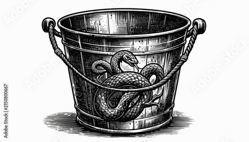 Old Metal Bucket Containing a Coiled Snake Illustration.
