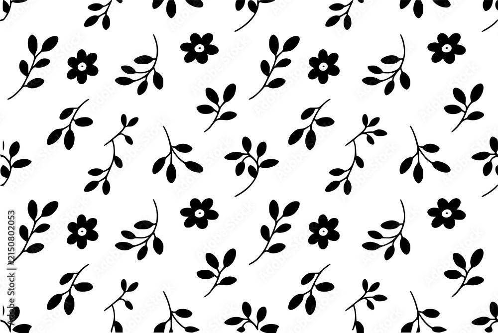 Fototapeta premium テキスタイルや壁紙用の、白い背景に黒い手描きの花と葉をあしらったシームレスなパターン