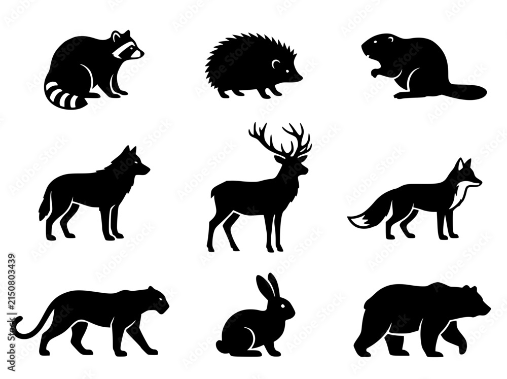Fototapeta premium Black forest animal silhouettes, 9 minimalist wildlife vector icons. Woodland creature stencils for nature branding and outdoor logos.
