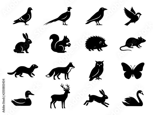 Minimalist forest animal silhouettes, 16 black wildlife icons set, woodland creature vector graphics for nature logos and branding