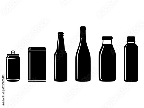 Minimalist beverage packaging silhouettes, black drink bottle and aluminum can icons, 6 vector container shapes for product branding