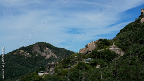 Panoramic view of Mt. Inwangsan with traditional hermitage and rocky peaks, Seoul, South Korea