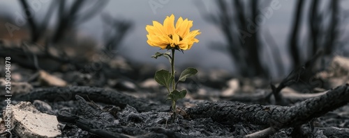 A single bright yellow flower growing through ashes in a burnt forest landscape