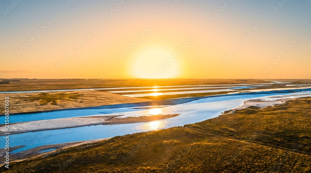 Obraz premium Serene sunrise over a winding river through lush green hills and golden light