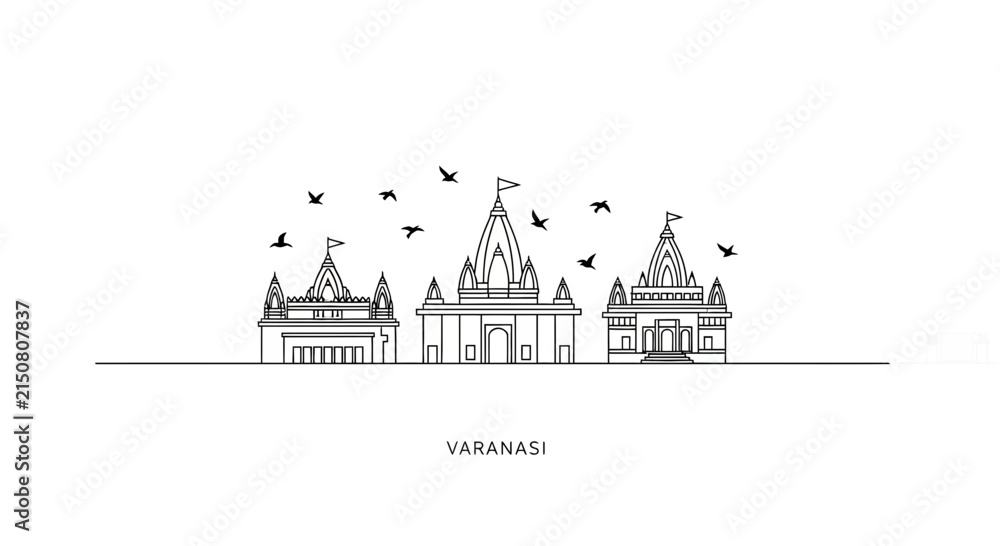 Fototapeta premium Varanasi skyline illustration, Hindu temples, birds flying, minimalist line art