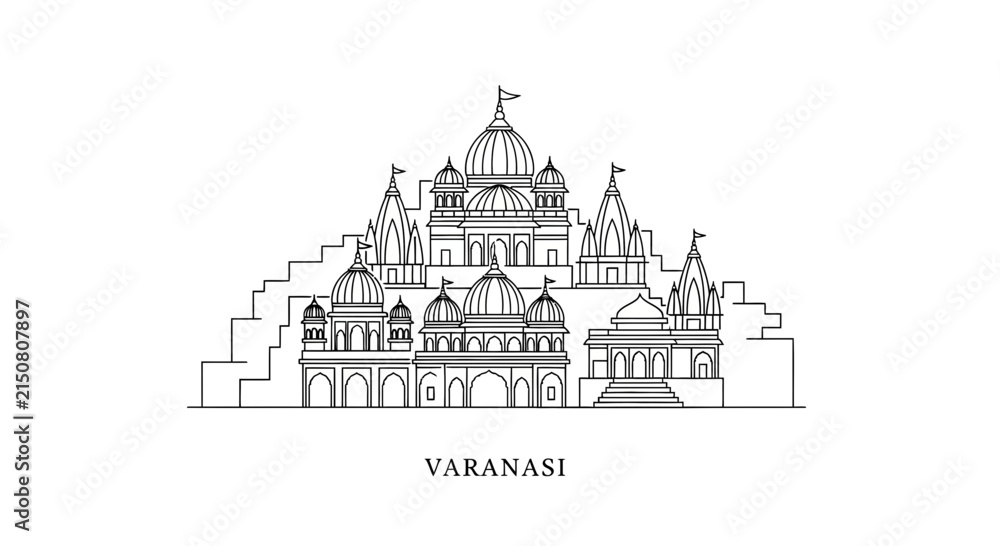 Obraz premium Varanasi skyline, Kashi Vishwanath Temple illustration, Indian architecture line art