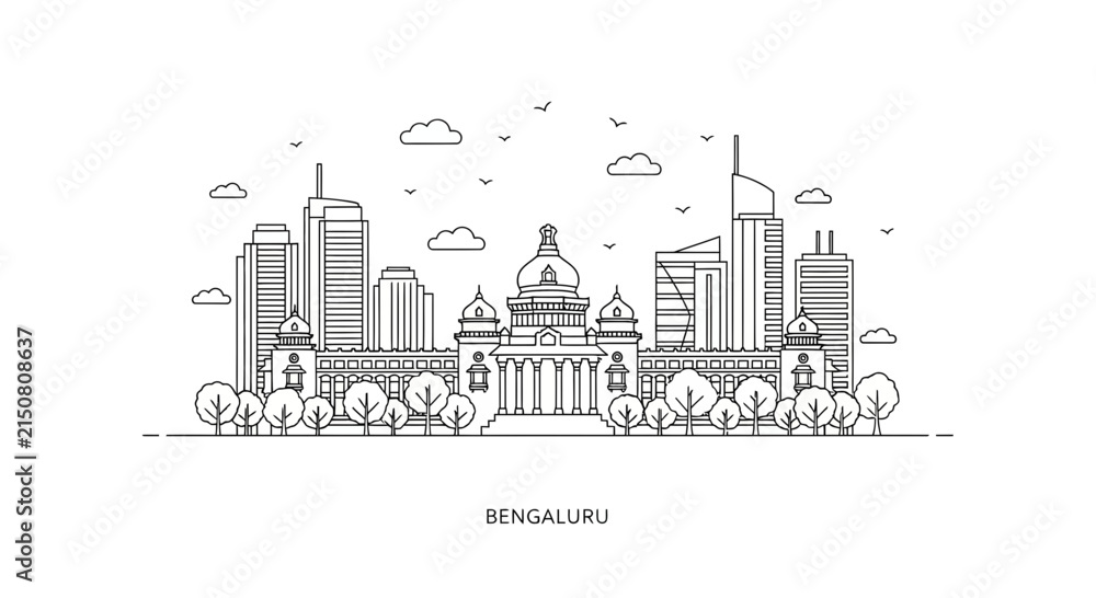 Naklejka premium Bengaluru Skyline Outline Art - Indian City Landmark Illustration