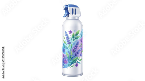 Lavender air freshener spray bottle, floral scented room deodorizer with purple flower design, aerosol canister for home fragrance