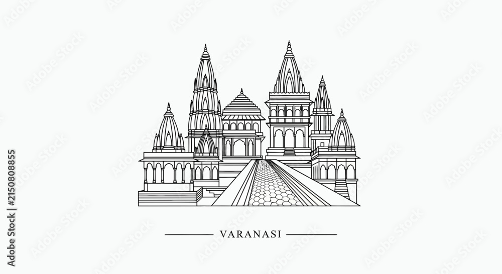 Fototapeta premium Varanasi skyline illustration, Indian temple architecture, spiritual landmark, line art
