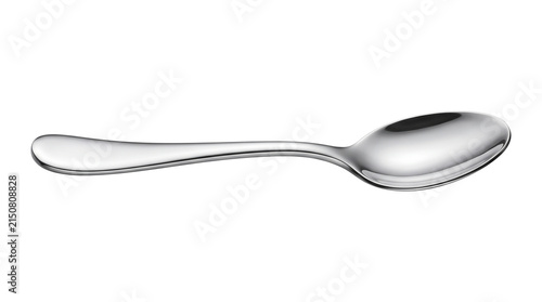 Polished stainless steel spoon isolated on white background. Shiny silver metal teaspoon, elegant kitchen cutlery for dining and food service.