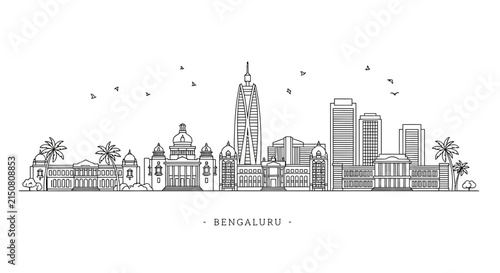 Bengaluru Skyline Outline Drawing, India Cityscape, Modern Architecture, Travel Landmark