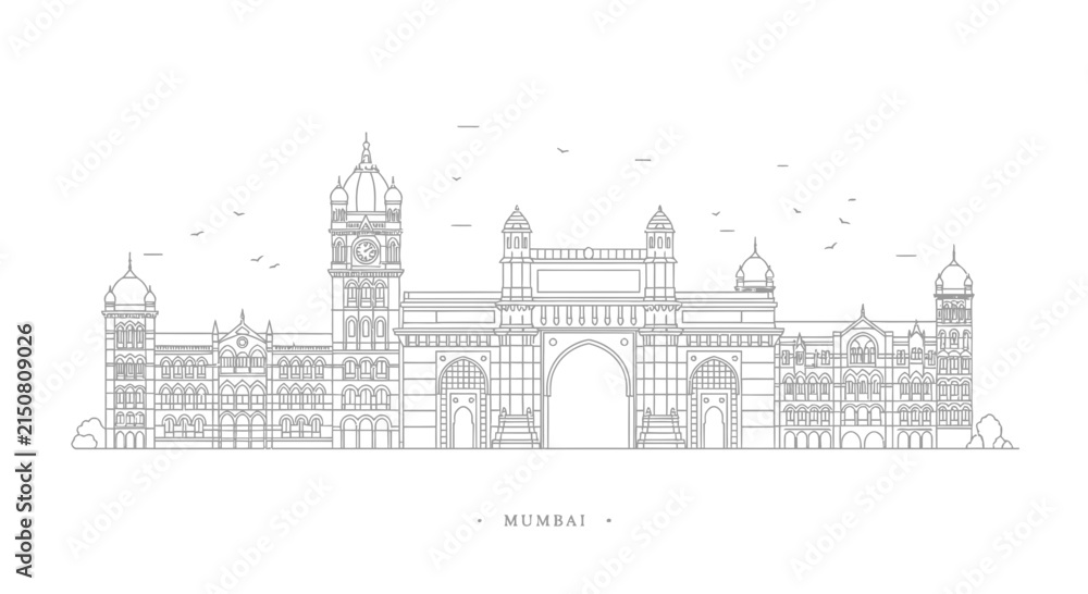 Fototapeta premium Mumbai Skyline: Gateway of India Landmark Line Art Illustration