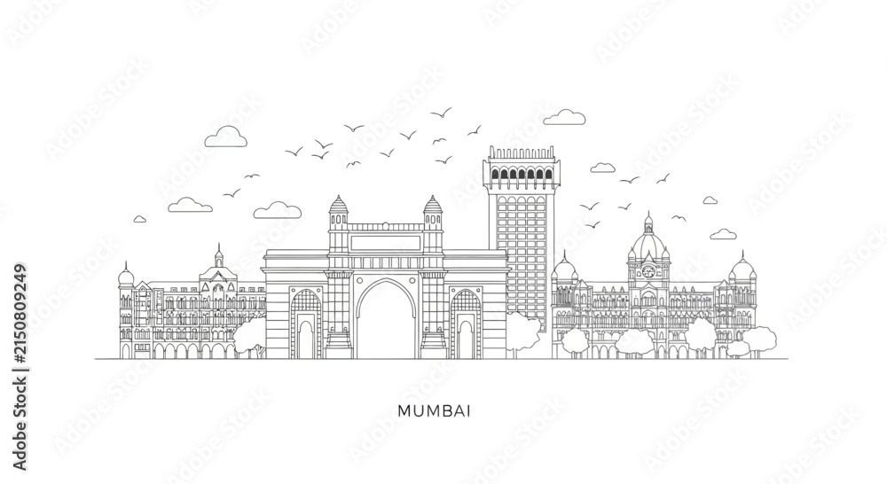 Naklejka premium Mumbai Skyline Outline - Iconic Architecture, India Landmark