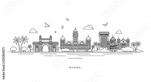 Mumbai Skyline Outline - India's Iconic Landmarks Drawn Simply