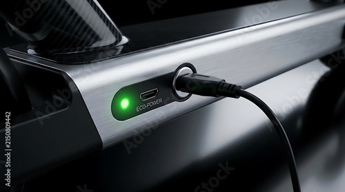 Close-up of electric vehicle charging port with green light.
