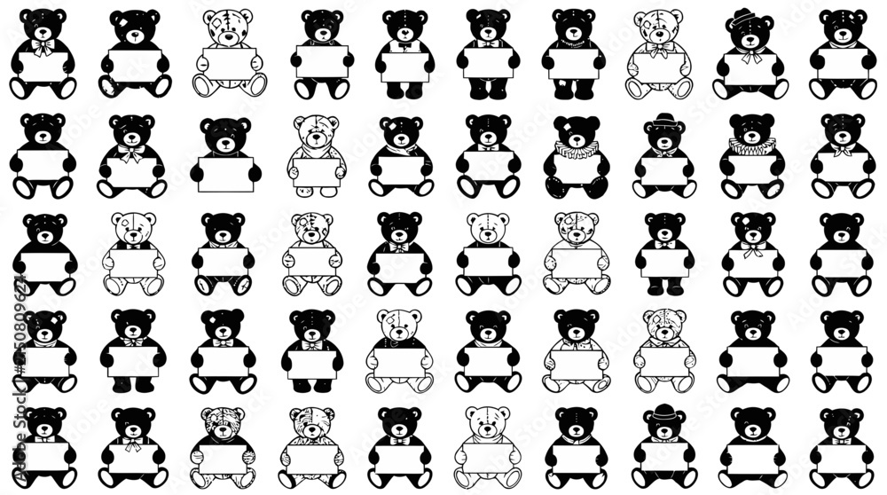 Obraz premium Monochrome Vector Pattern of Retro Teddy Bears and Animals with Blank Signs