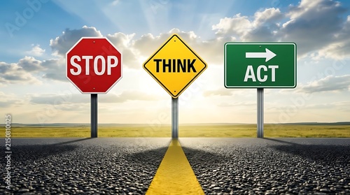 Stop think act road signs on highway representing strategic decision making process and careful planning