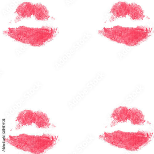 Four Red Lipstick Kiss Marks in Symmetrical Layout on White Background — Pressed Kiss Paper Art

