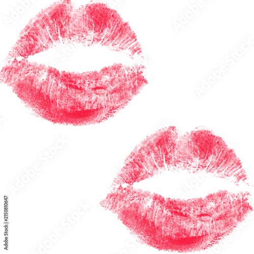 Bright Red Lipstick Kiss Prints on White Background — Vivid Red Lip Cosmetics Art

