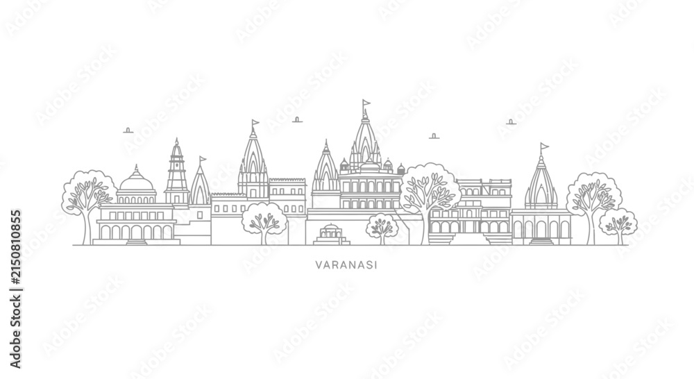 Fototapeta premium Varanasi skyline outline, India. Temple city architecture, travel landmark illustration.