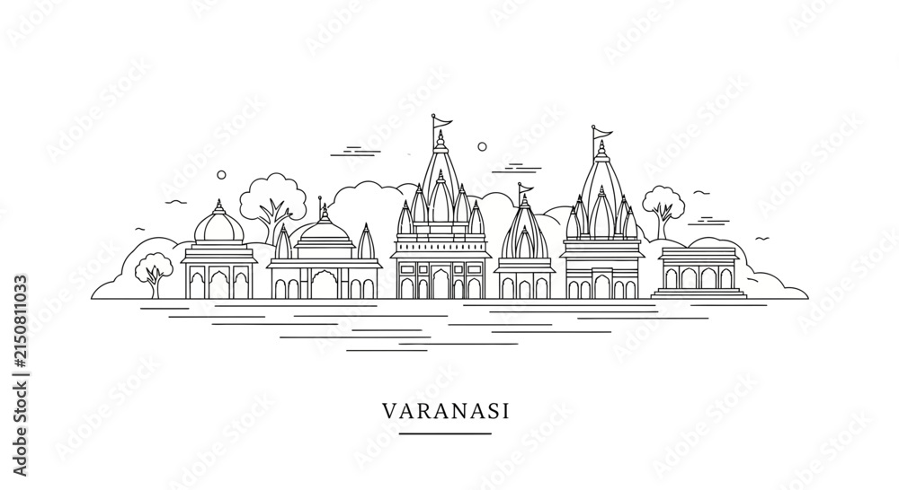Obraz premium Varanasi skyline, thin line art, ancient temples, ghats, India architecture