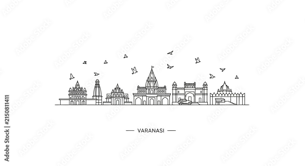 Obraz premium Varanasi Skyline Doodle Art with Birds Flying - India Cityscape Illustration