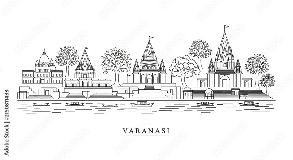 Obraz premium Varanasi skyline: Holy Ganges riverfront, temples, and boats illustration