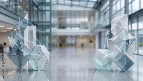 Premium collaboration concept featuring translucent geometric forms connected by subtle luminous pathways, creating sophisticated depth, balanced composition, refined materials, and central corporate.